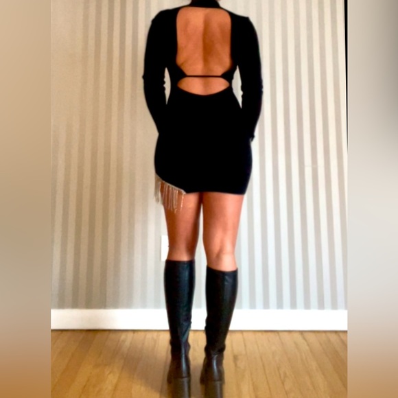 Black Backless Bodycon Mini Dress with Silver Rhinestone Fringe - Picture 4 of 5